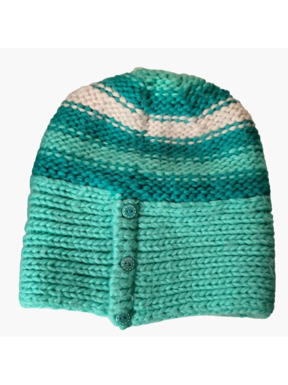 Orage Beanie Hat Aqua Teal White Button Detail Knit Girls M Medium 2014